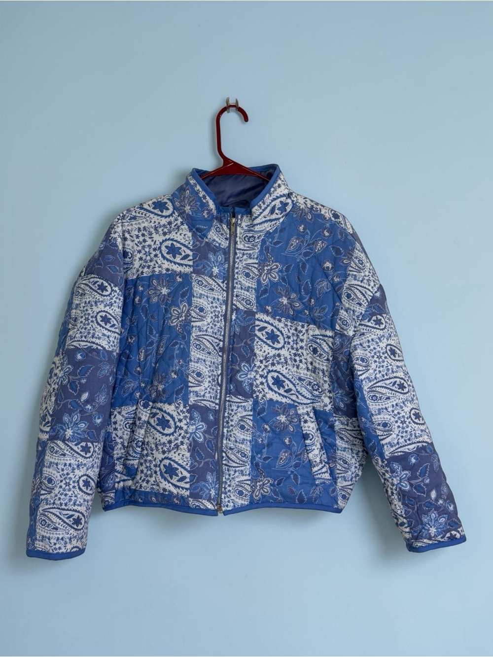 7 For All Mankind Shades Of Blue Floral Patchwork Quilted Puffer Jacket Size M